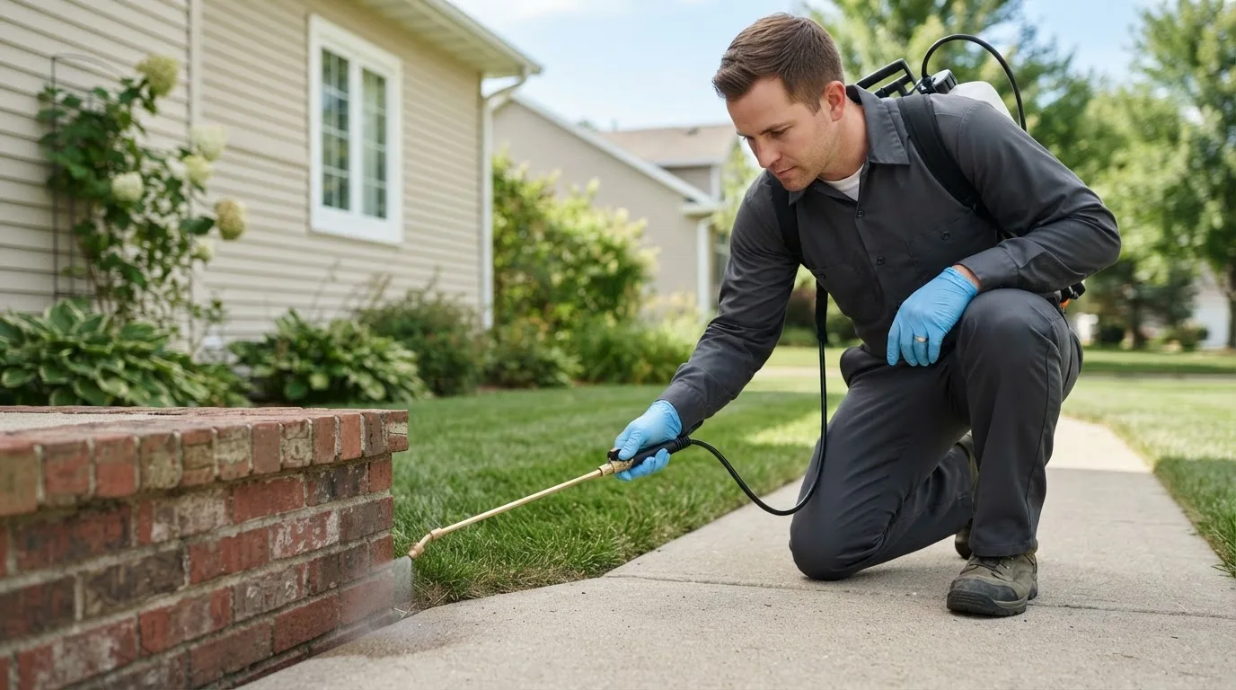 Pest control technician treating a home near North Liberty, IA
