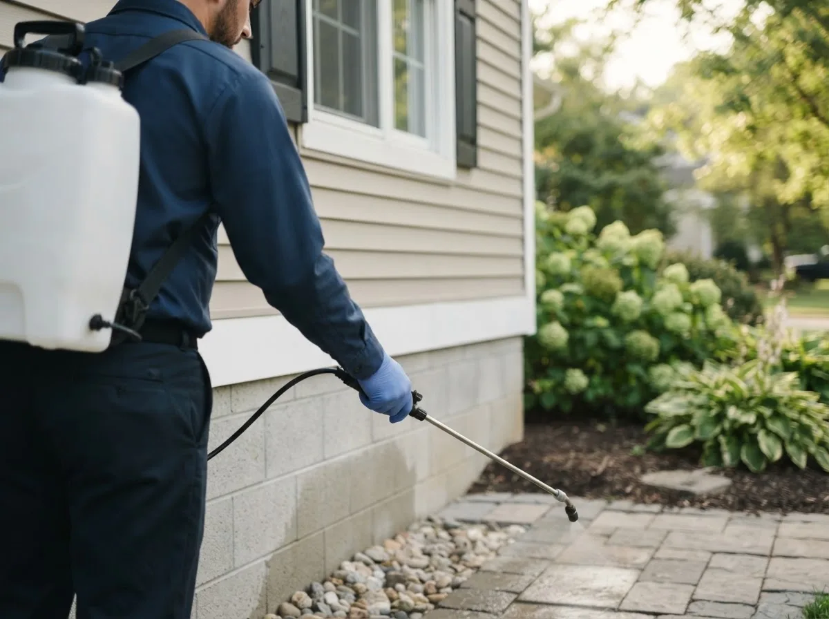 Pest control technician inspecting a home in North Liberty, IA